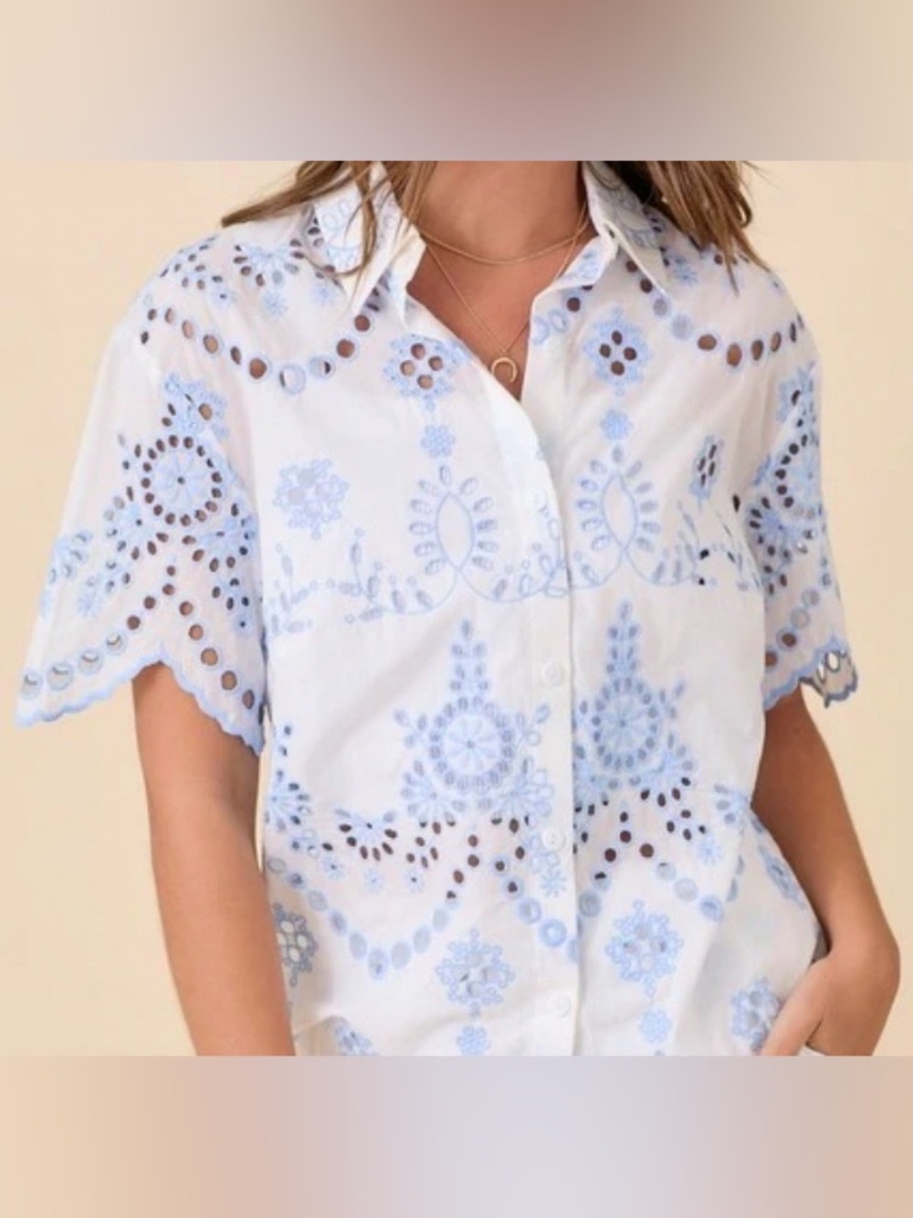 Main Strip White Button-Down Shirt with Light Blue Eyelet Embroidery - Picture 2 of 6